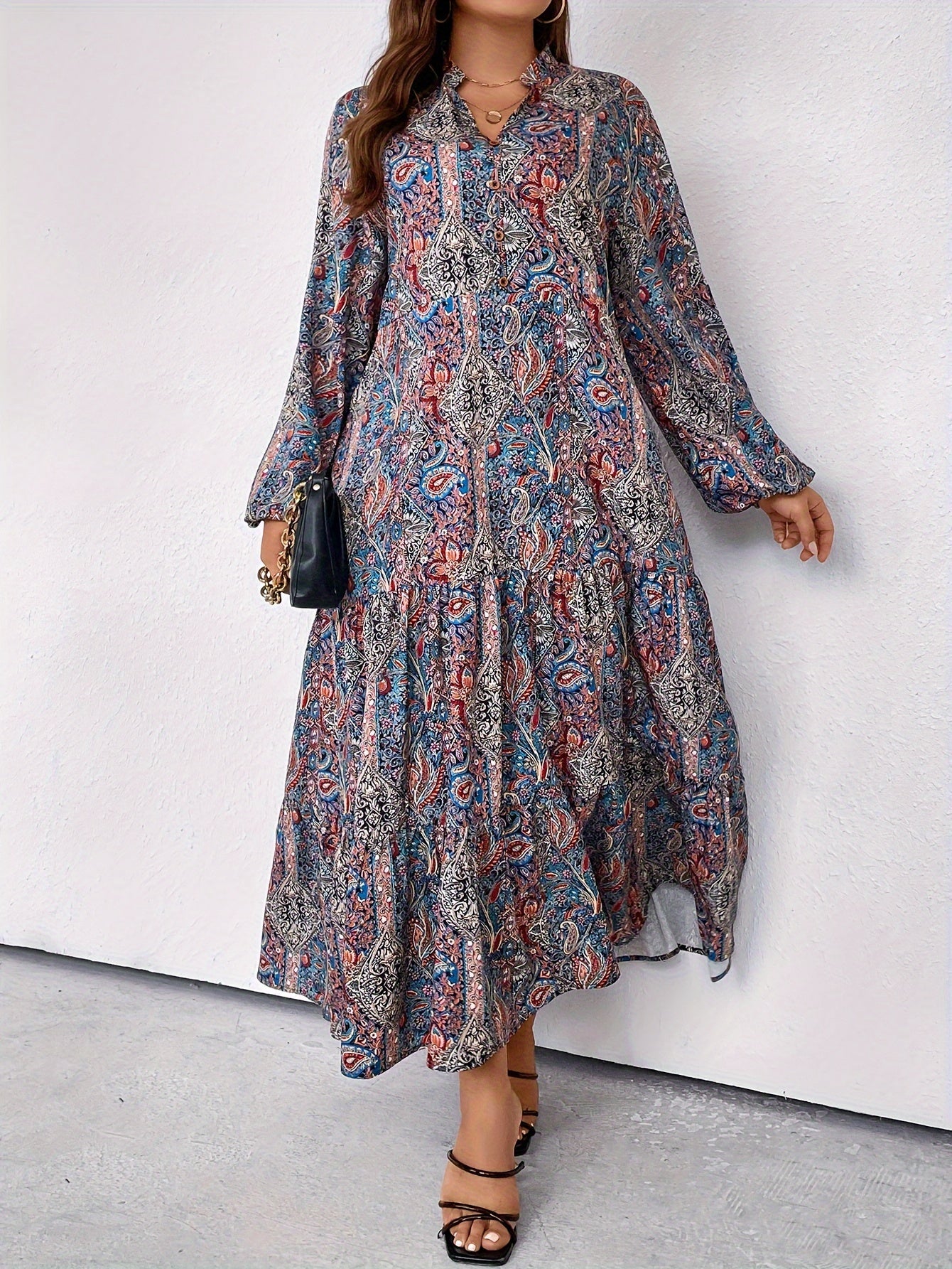 Allover Paisley Print Maxi Smock Dress