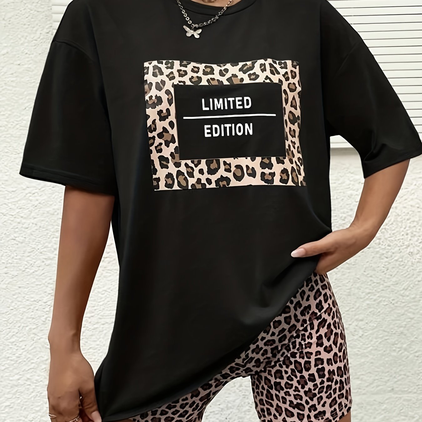 Leopard Print Lounge Set Short Sleeve Crew Neck Top & Elastic Waistband Shorts