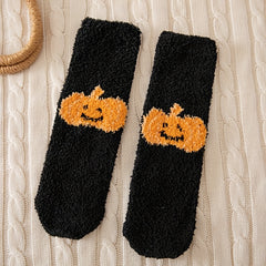 4 Pairs Pumpkin & Bat Print Socks & Funny Halloween Fuzzy Socks Women's