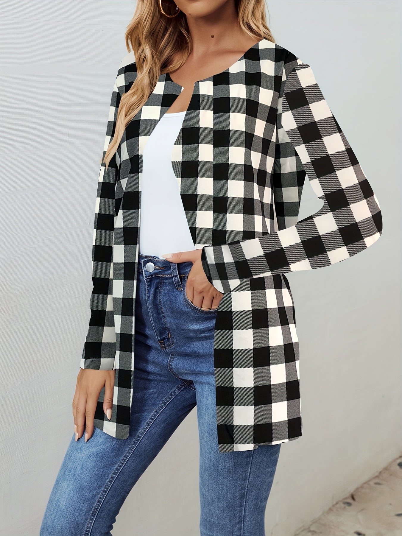 Gingham Print Open Front Jacket Long Sleeve