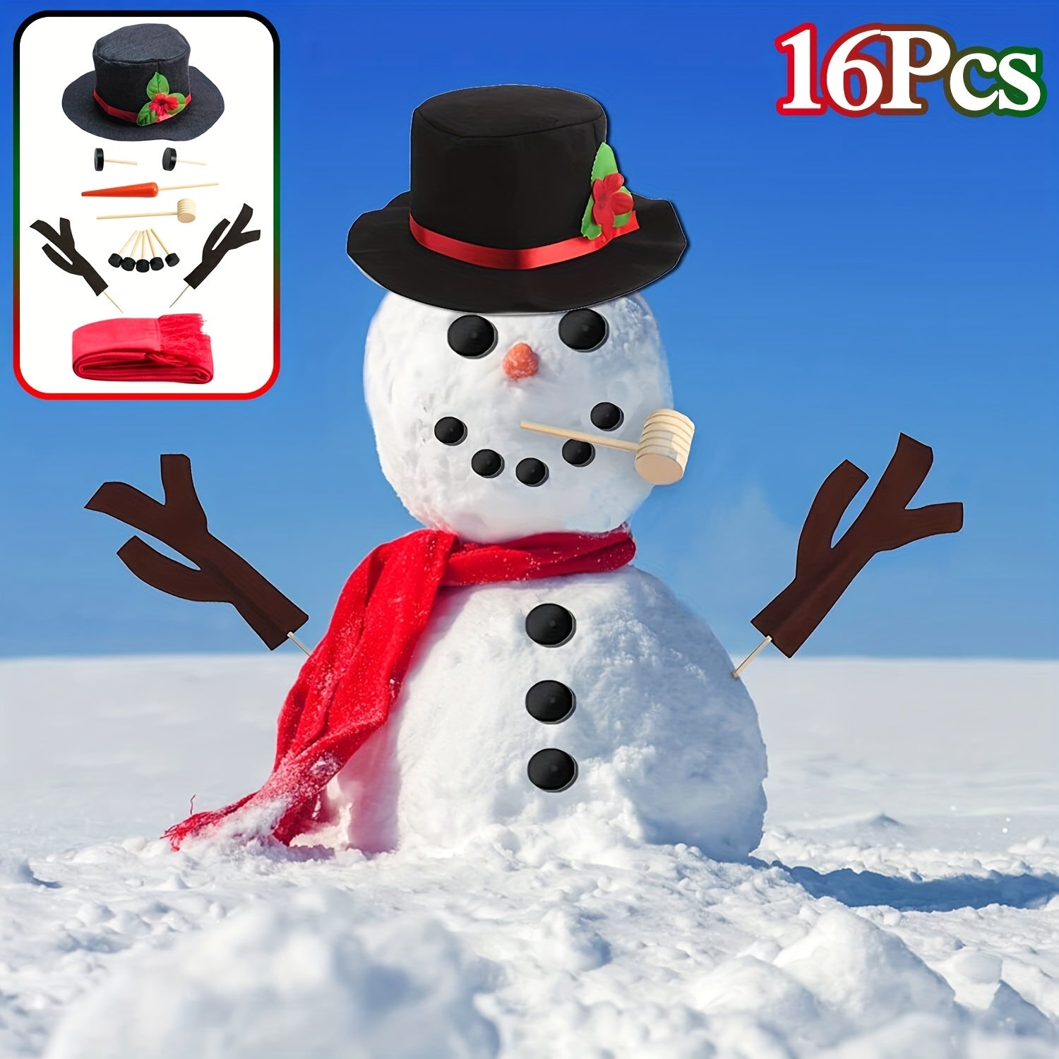 16pcs Snowman Dressing Up Kit Hat Scarf Hands Eyes Button Snowman Decoration Set