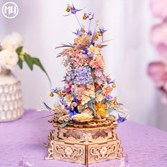 MU Metal Puzzle Model DIY Music Box Rotating Table with Drunken Flowers