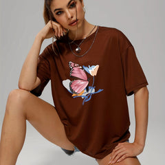 Butterfly & Flower Print Summer T-shirt for Women