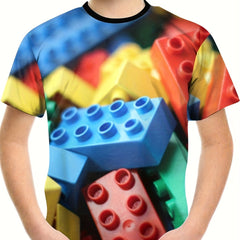 Colorful Block 3D Print Boy's T-shirt Breathable Loose Fit Round Neck Top