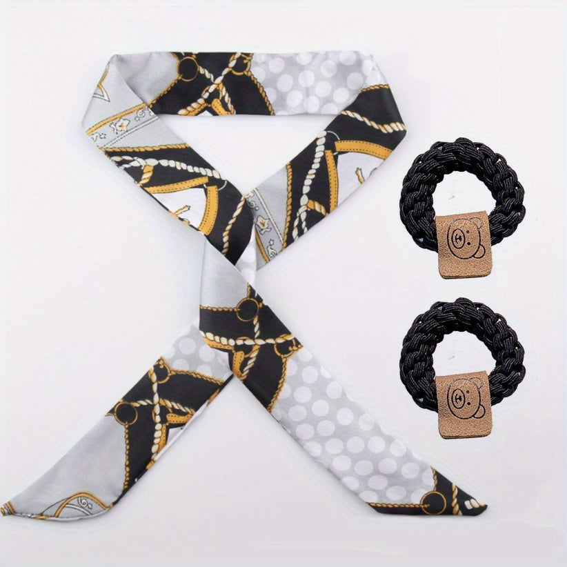 3pcs Set Skinny Scarf Hair Tie Chain Print Long Ribbon Neckerchief