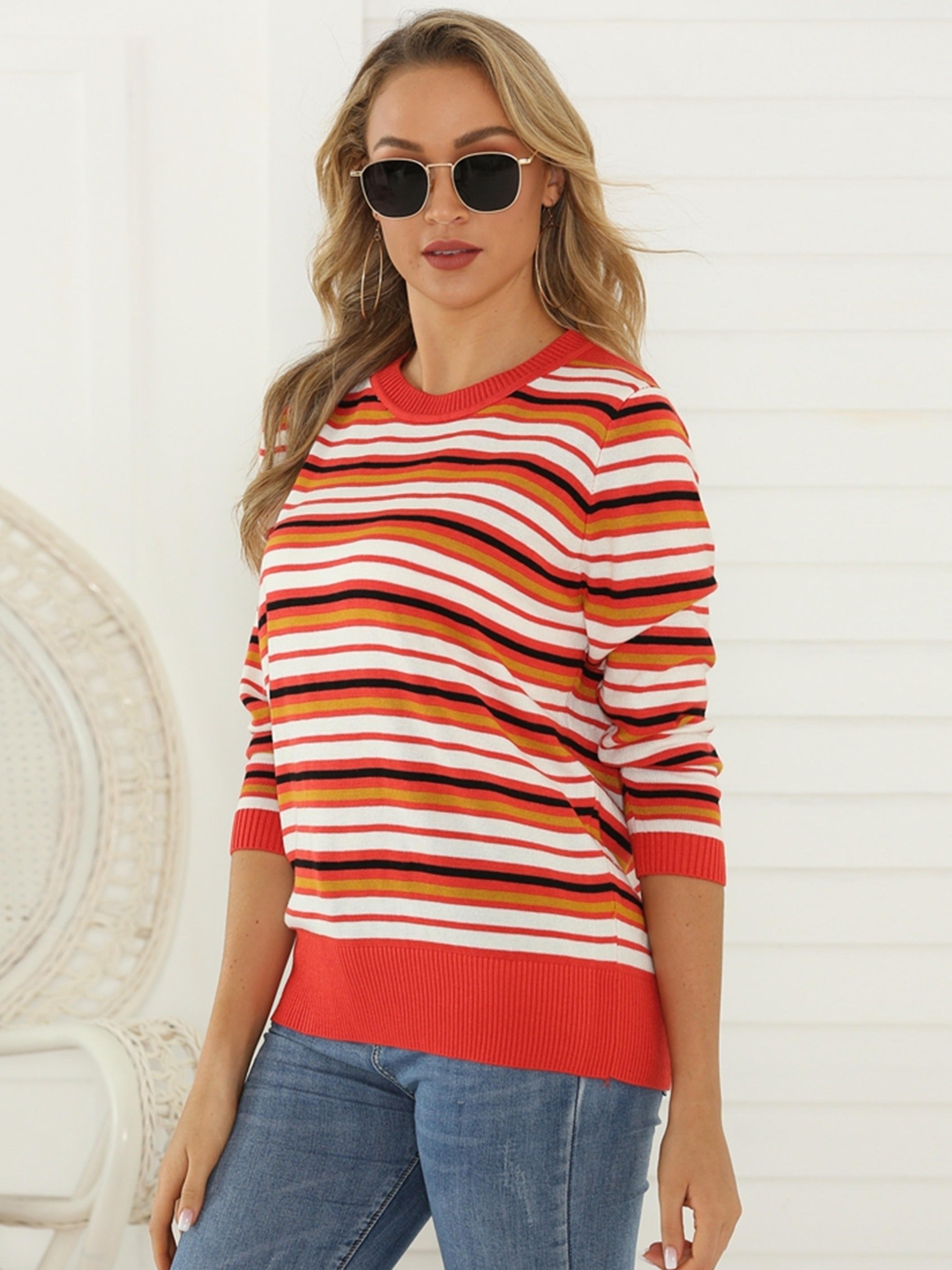 Striped Crew Neck Sweater Casual Loose Knit Sweater