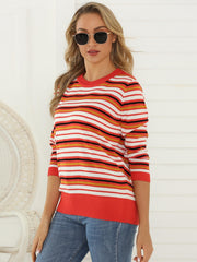 Striped Crew Neck Sweater Casual Loose Knit Sweater