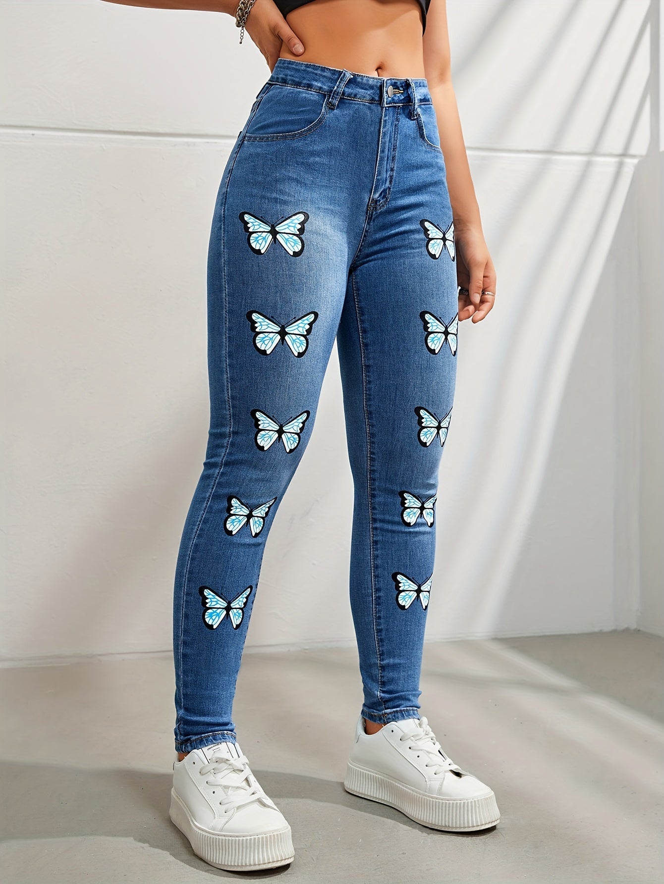 Butterfly Print High Rise Skinny Jeans