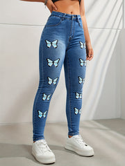 Butterfly Print High Rise Skinny Jeans