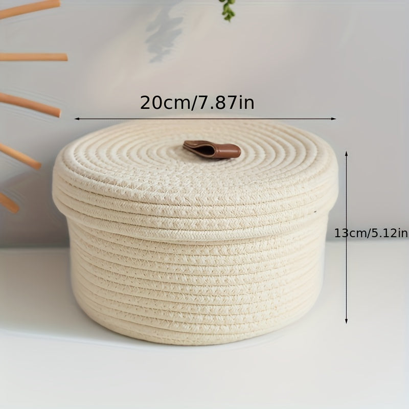 Circular Storage Basket With Lid Beige Cotton Thread Woven Basket
