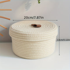 Circular Storage Basket With Lid Beige Cotton Thread Woven Basket