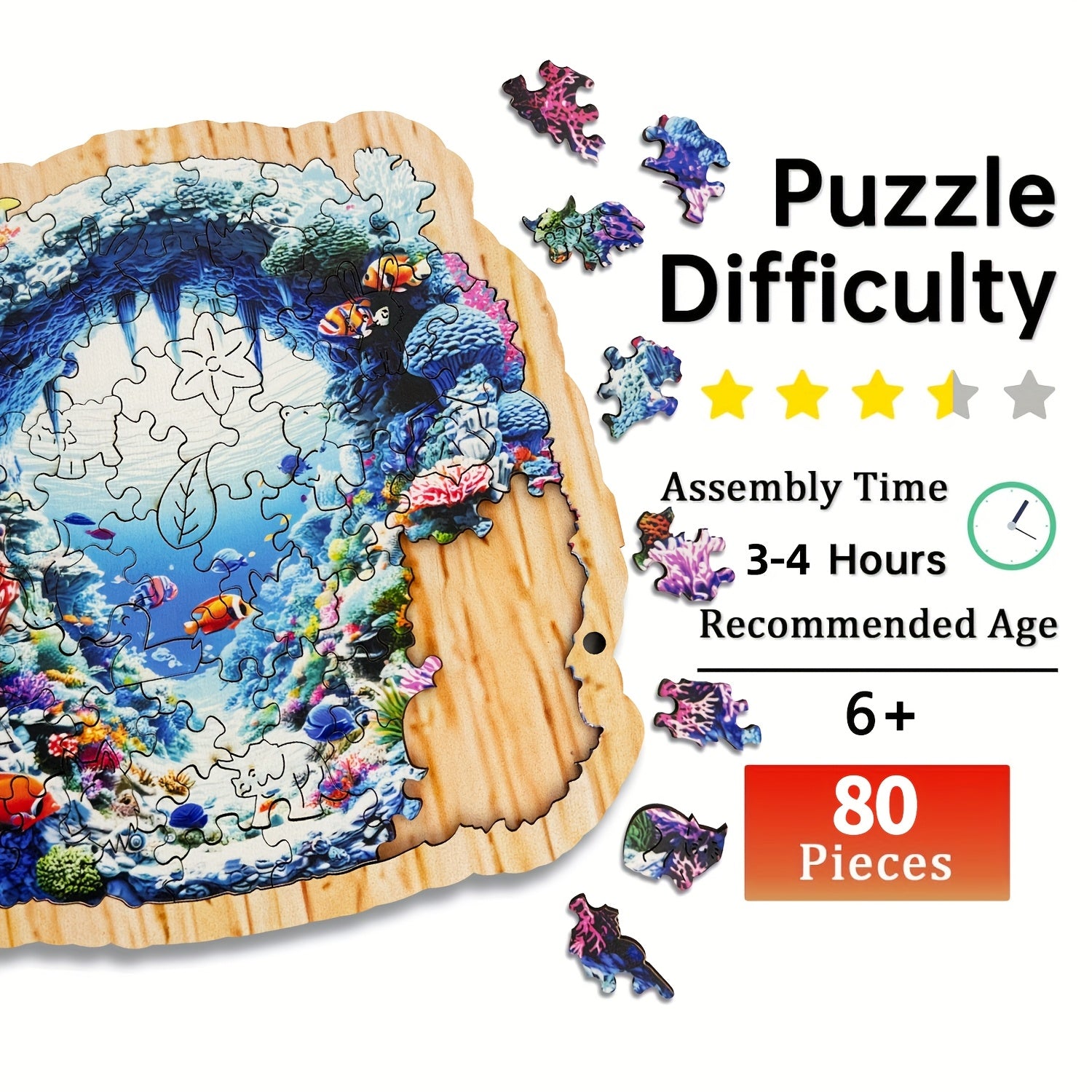 80pcs Seaword Wooden Jigsaw Puzzle for Adults - Underwater Scene Marine Life