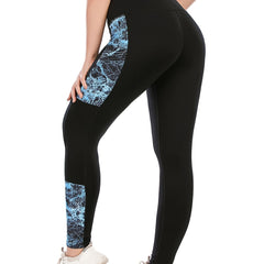 Colorblock Random Print Yoga Sports Leggings With Pocket