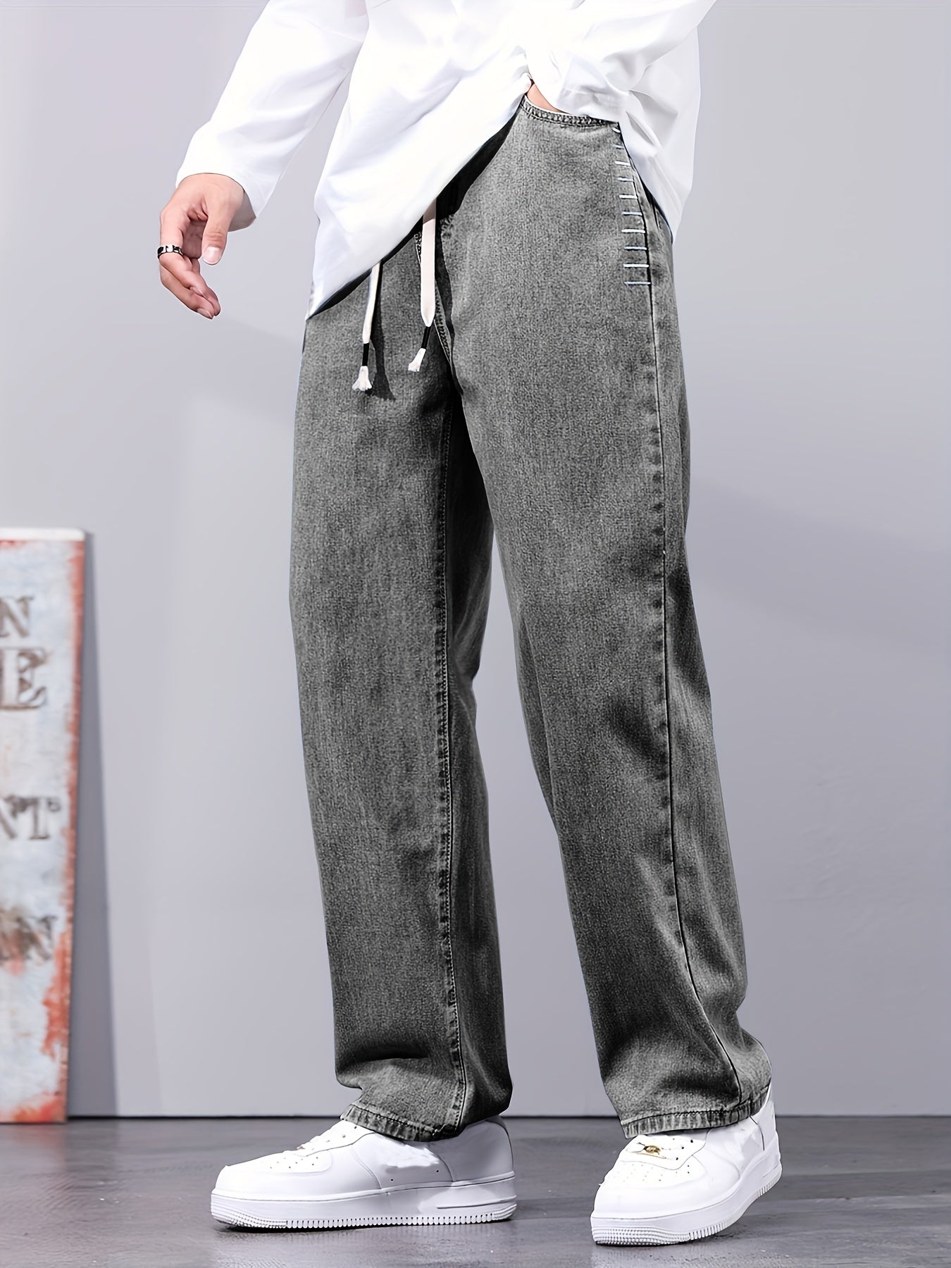 Distressed Drawstring Denim Pants for Men