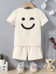 2pcs Boys Funny Face T-shirt & Shorts Set for Summer