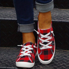 Red Plaid Canvas Shoes Lace Up Flat Sneakers Lightweight Low Top Shoes