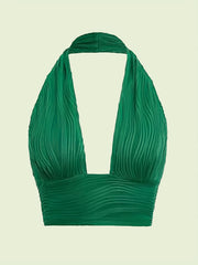Textured Halter Crop Top Plunge Neck Sleeveless Summer Top