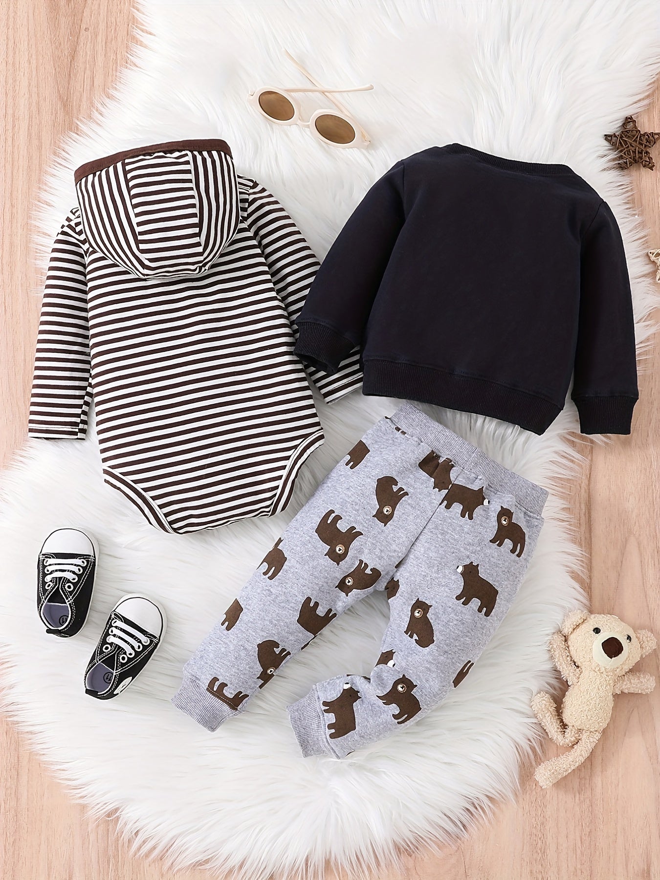 3pcs Boys Bear Print Bodysuit & Sweatshirt & Pants Set for Fall Winter