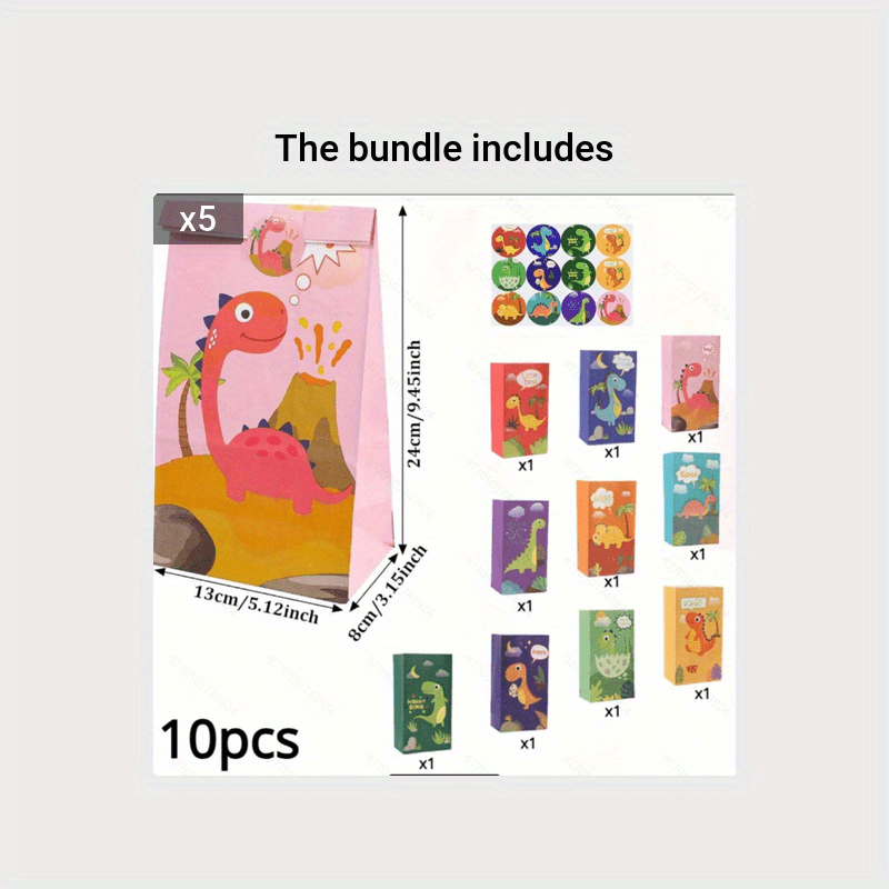10pcs Dino Party Bags Thicken Dinosaur Paper Treat Bags with Stickers