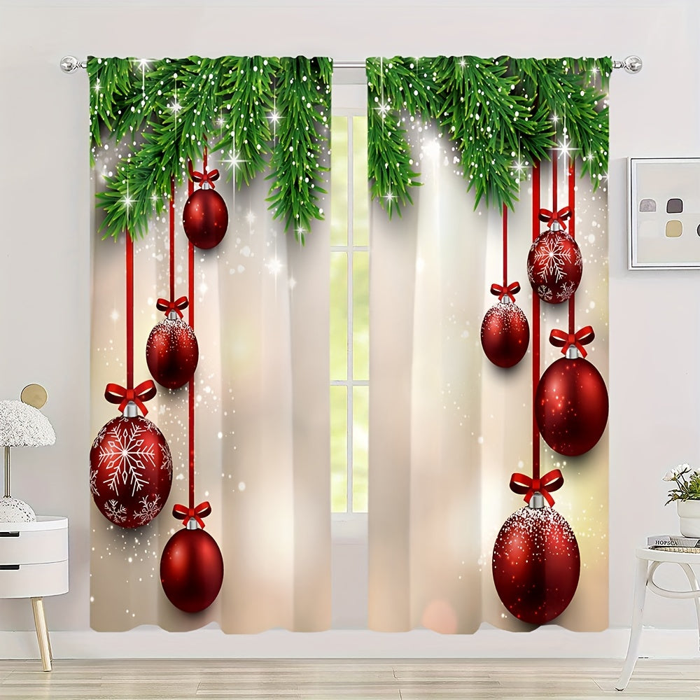 2 Panels Christmas Curtains Red Christmas Balls Pine Leaves Rod Pocket Curtains