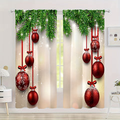 2 Panels Christmas Curtains Red Christmas Balls Pine Leaves Rod Pocket Curtains