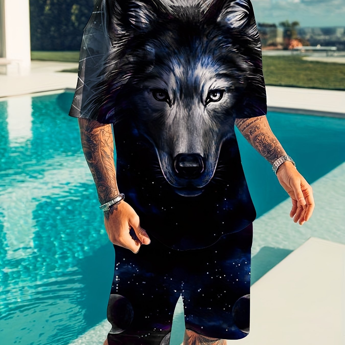 3D Wolf Print Men's 2Pcs Outfits Crew Neck Short Sleeve T-shirt And Shorts Set
