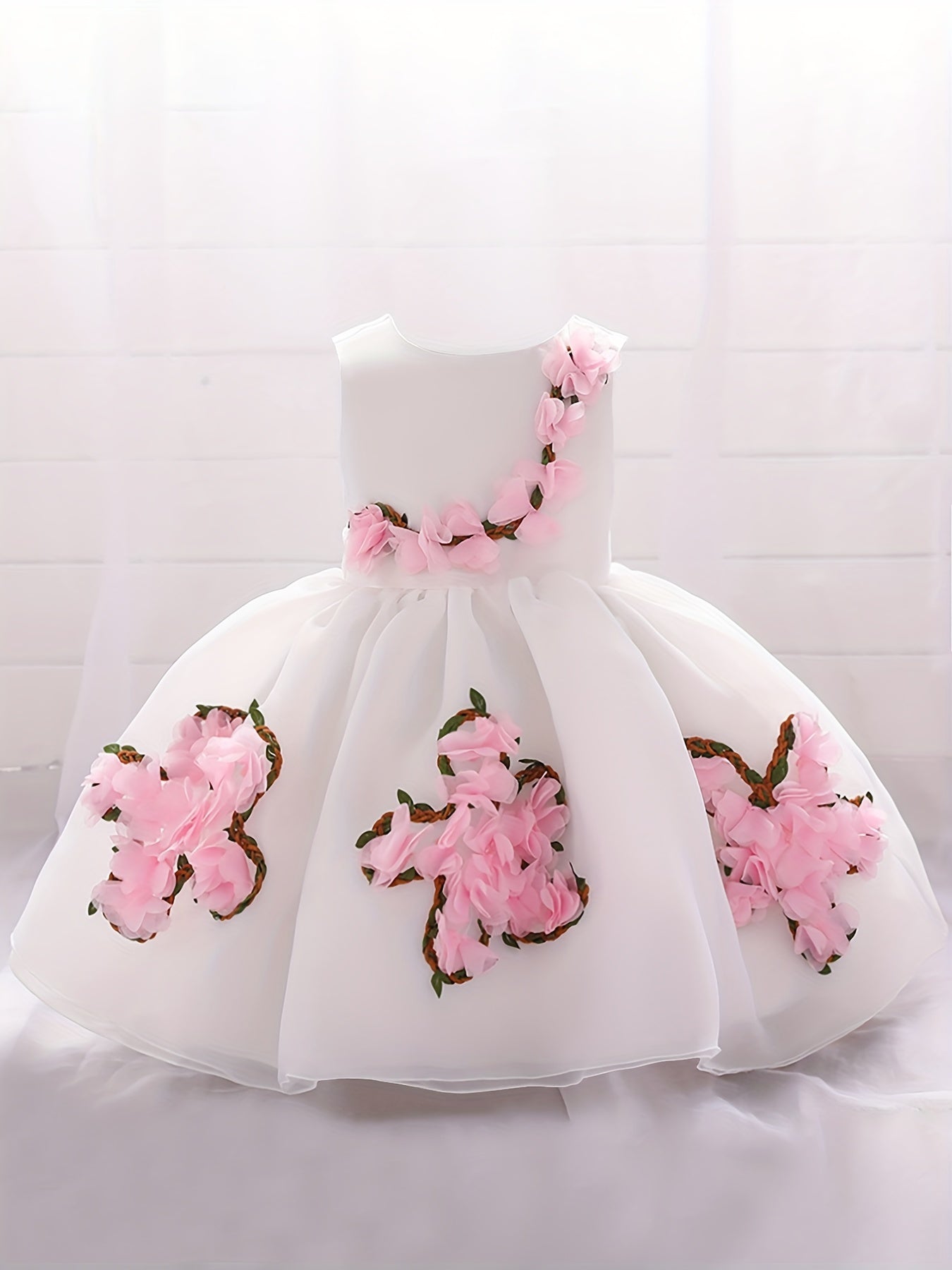 Baby Girl 1st Birthday Puffy Dress with Flower Decors