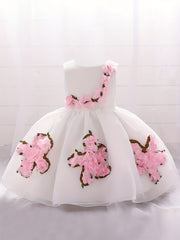Baby Girl 1st Birthday Puffy Dress with Flower Decors