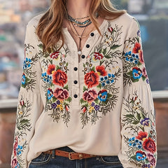 Floral Embroidered Lantern Sleeve Polo Neck Top