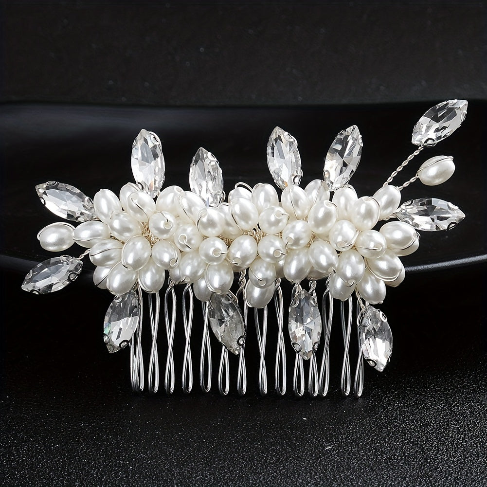 Faux Pearl Hair Comb Floral Rhinestone Alloy Hair Comb Hairpin for Girls Women