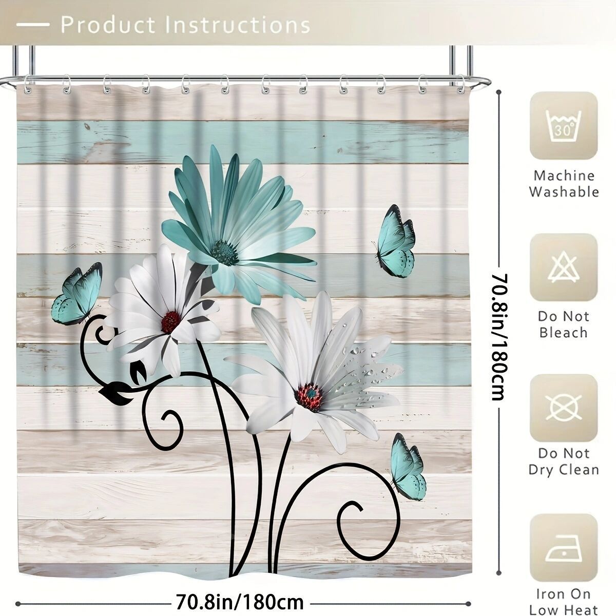 Flower Butterfly Shower Curtain Set with 12 Hooks