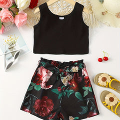 2pcs Toddler Girls Tank Crop Top & Belted Shorts Set