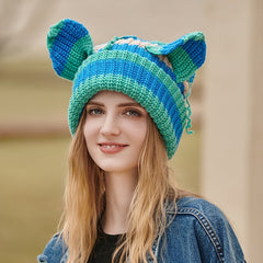 Multicolor Cat Ears Woolen Hat Winter Women Warm Knitted Hat