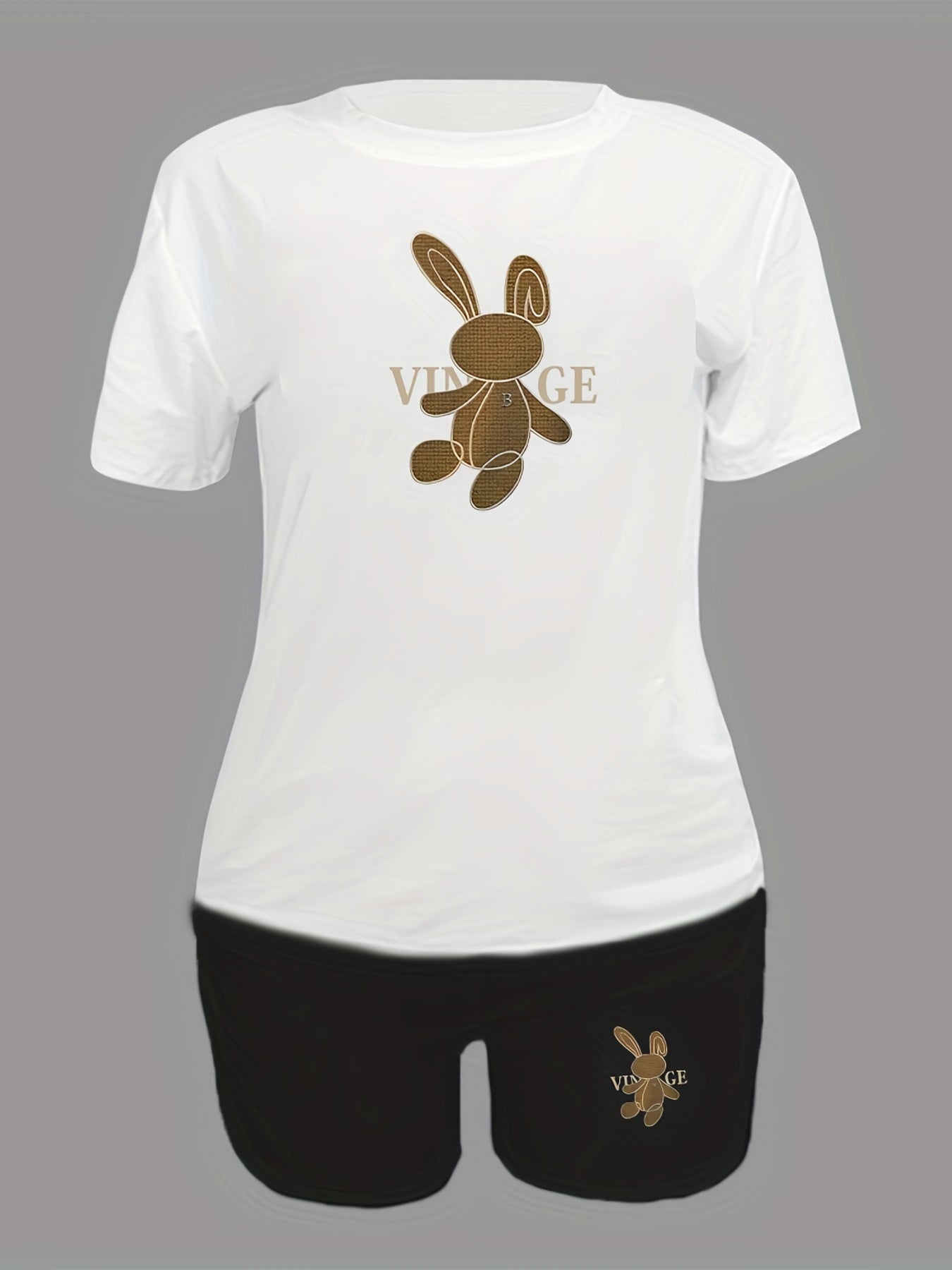 Bunny Print Casual Two Piece Set Short Sleeve Tee & Shorts
