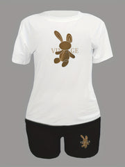 Bunny Print Casual Two Piece Set Short Sleeve Tee & Shorts