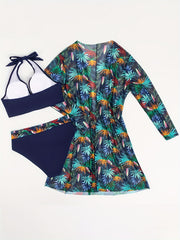 Tropical Print Bikini Set & Cover Up