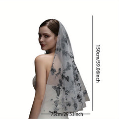 Gothic Butterfly Tulle Bridal Veil with Sheer Train