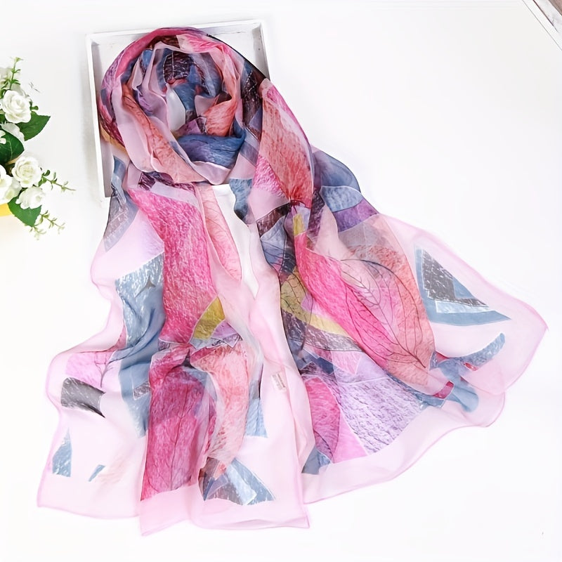 Chiffon Scarf Leaf Print Geometric Block Shawl Vintage Head Wrap