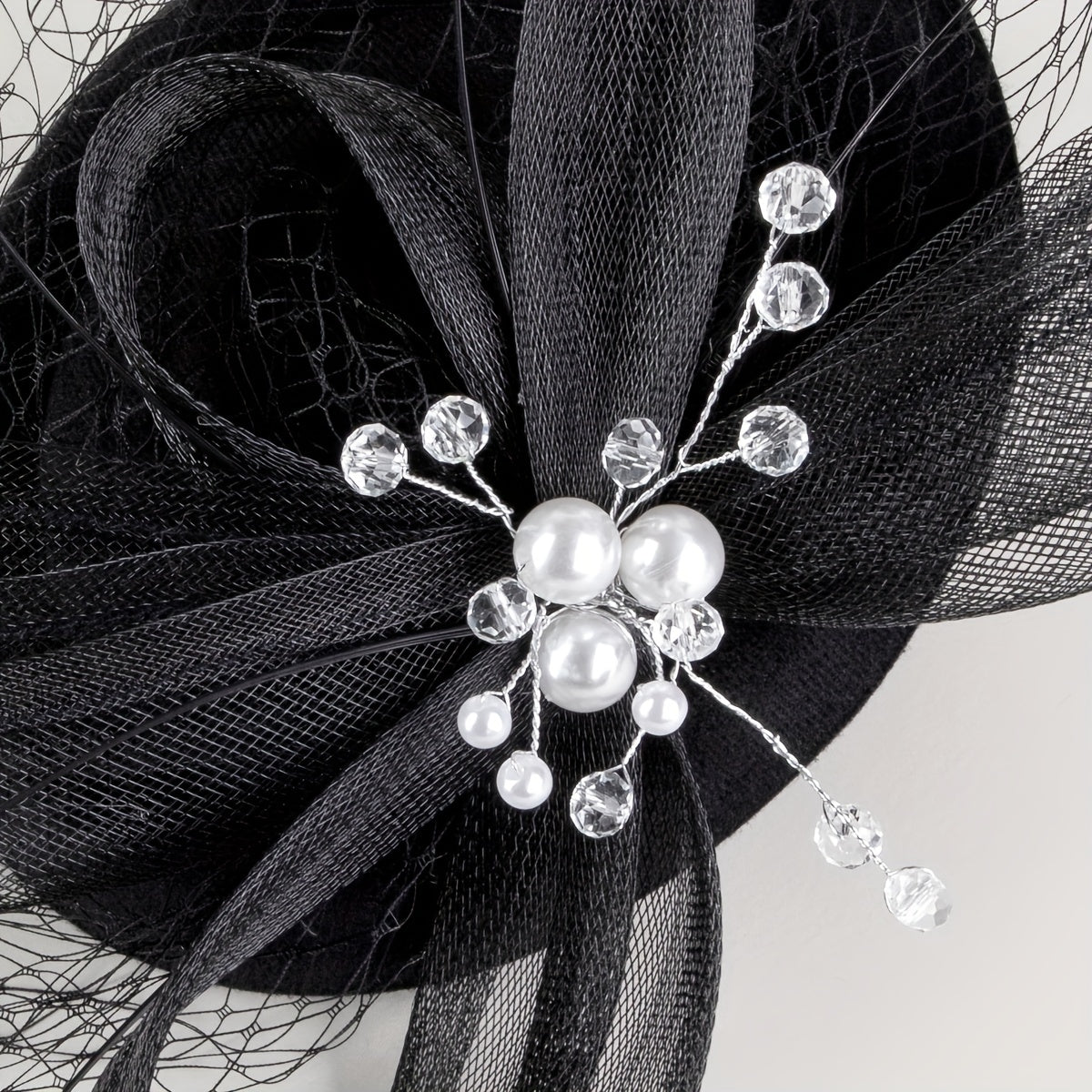 Women Faux Feather Mesh Head Piece Faux Pearl Rhinestone Head Jewelry