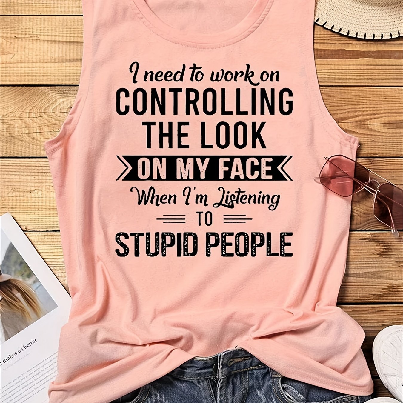 Letter Print Tank Top Crew Neck Casual Top For Summer & Spring Women's Clothing