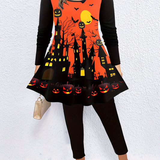 Pumpkin & Cat Print Tunic Top & Leg