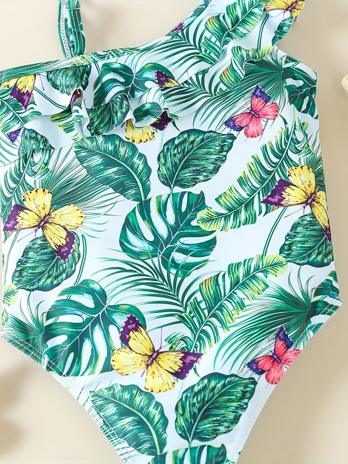 Girls' Leaf & Butterfly One Piece Swimsuit with Ruffled Trim