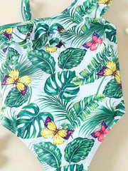Girls' Leaf & Butterfly One Piece Swimsuit with Ruffled Trim