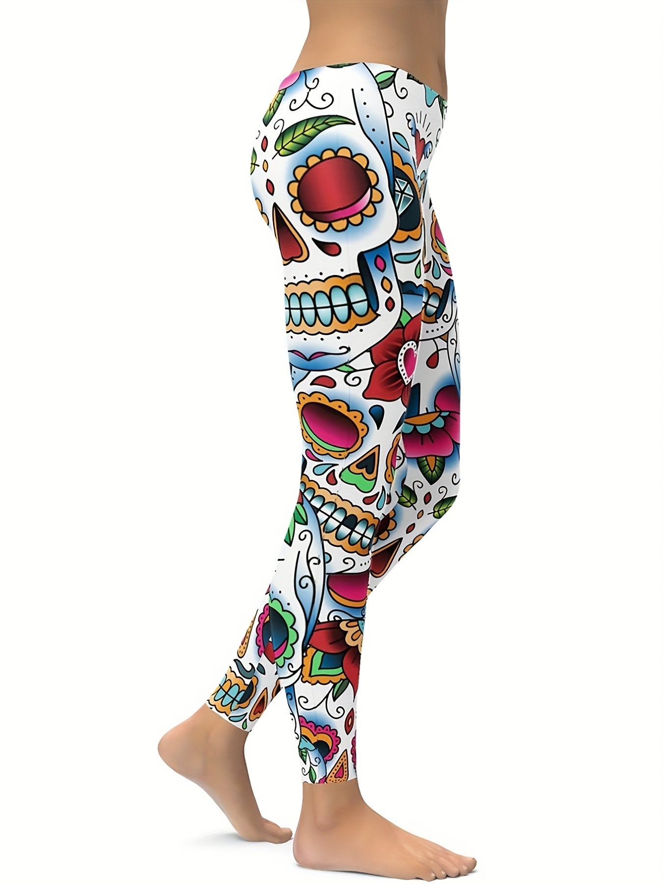 Skull & Flower Print Yoga Sports Pants Halloween Fitness Leggings