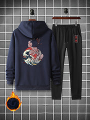 Men's Casual 2Pcs Outfits Long Sleeve T Shirt Hooded Sweatshirt & Sweatpants Set