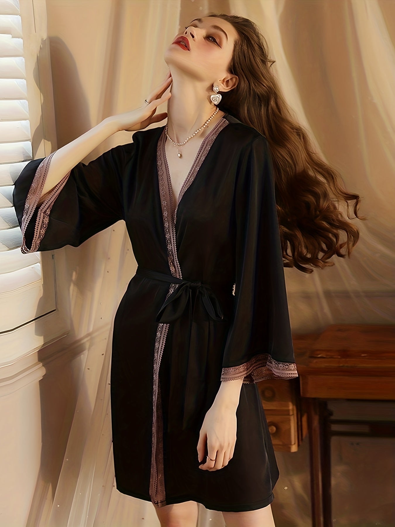 Lace Stitching Lounge Robes V Neck Long Sleeve Home Robe Women's Loungewear