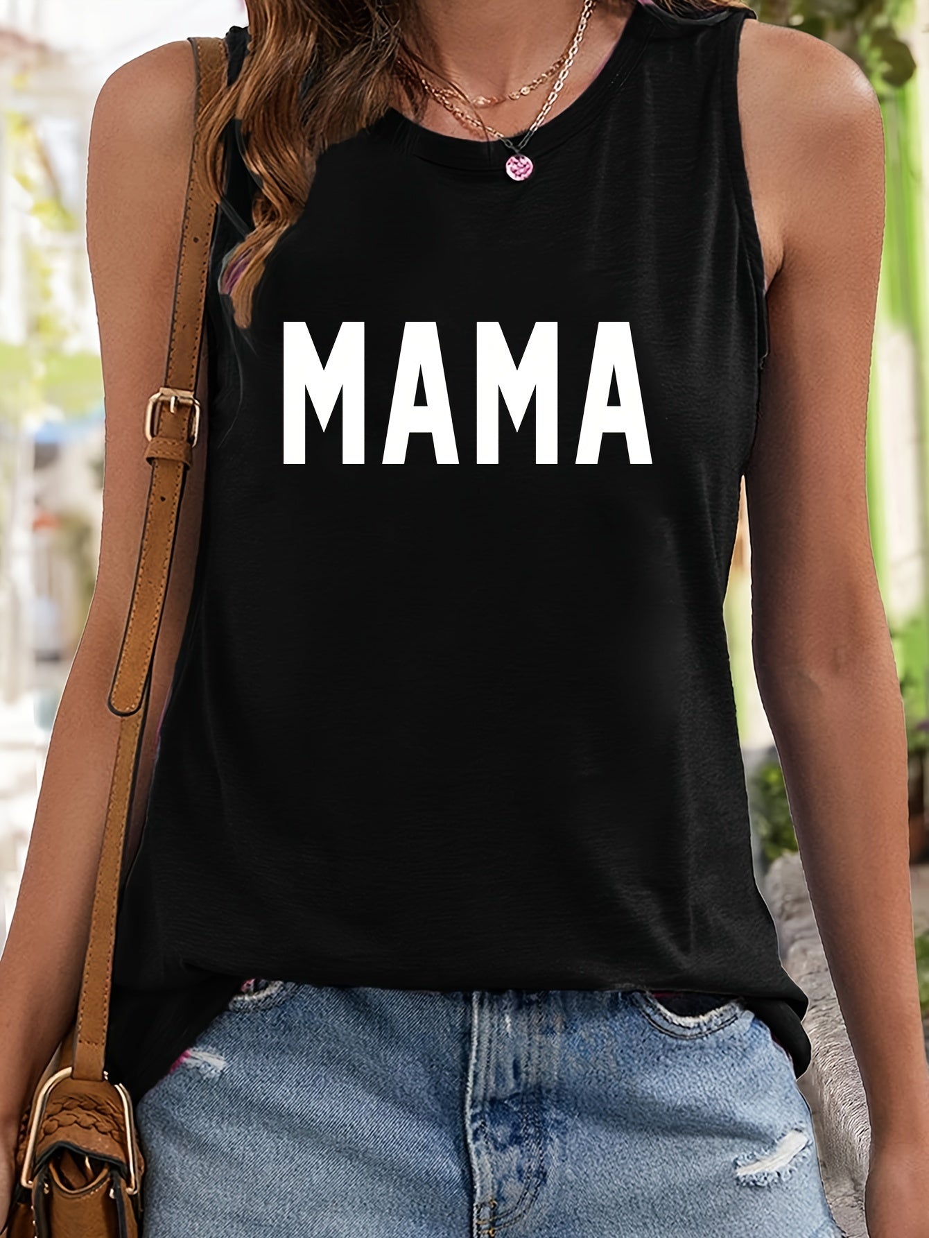 Mama Letter Print Sleeveless Sports Vest Round Neck Casual Tops