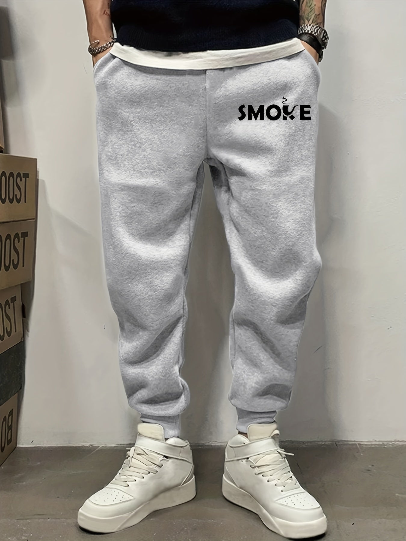Smoke Letter Print Joggers Men's Pants for Spring Summer