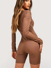 Ribbed Square Neck Long Sleeve Jumpsuit Solid Romper