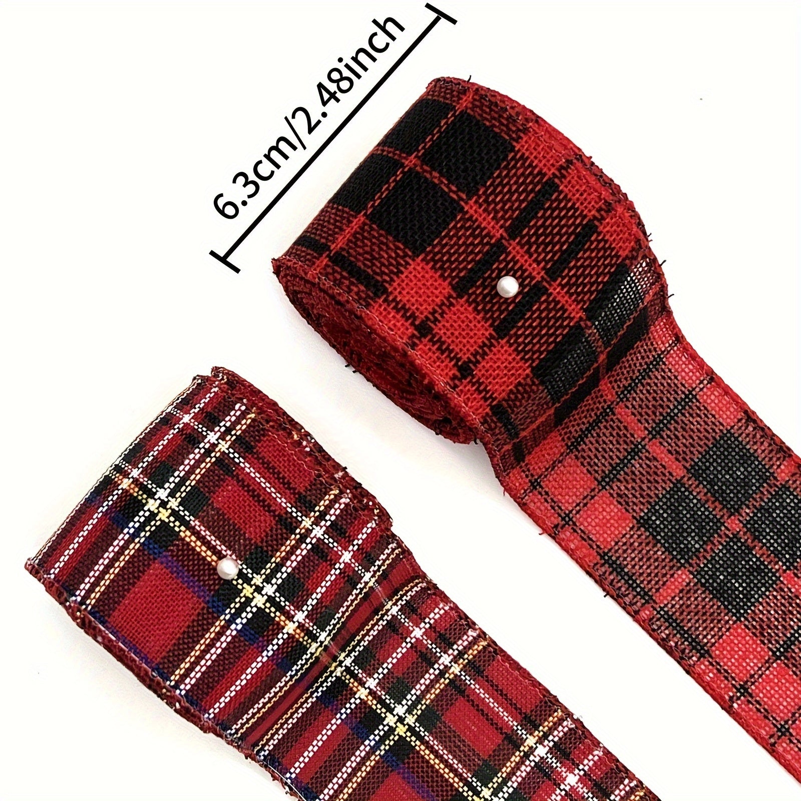 1pc 4.57m Christmas Metallic Wired Edge Ribbon Red Check Stripes Ribbon Big Bow
